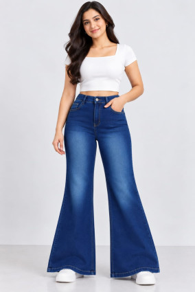 Women’s royal blue flared jeans side view