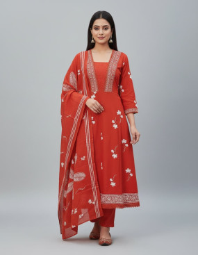 Women's Rust A Line Kurti_Pant with Dupatta