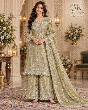 Olive Green Embroidered Fandy Silk Sharara Suit With Dupatta-XL