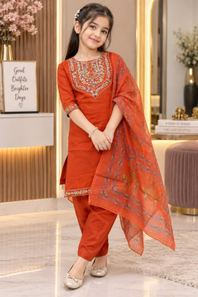 girls - embroidered ethnic suit with printed dupatta