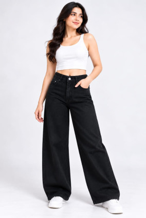 Girls Black High Waist Baggy Wide Leg Jeans