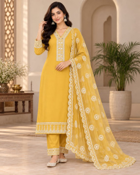 Women’s mustard yellow V-neck embroidery and dupatta close-up view