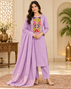Women’s lavender multicolour embroidered neckline close-up view