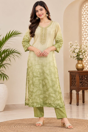 Women’s cream green V-neck embroidery and floral dupatta close-up