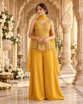 Women’s mustard yellow multicolour embroidered short kurti close-up