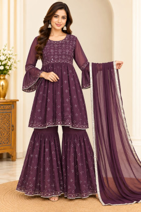 Women's Wine Purple embellished sharara suit