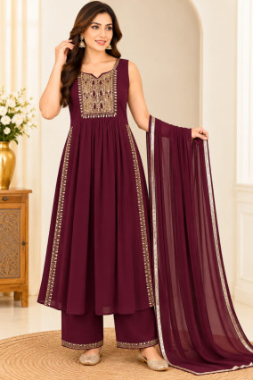 Wine Maroon Embroidered Nayra Cut 3 Piece Suit