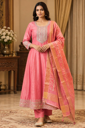 Dhara Coral Pink Anarkali Suit Set for Women | VK City Style