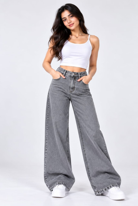 Girls Grey Wide Leg Jeans