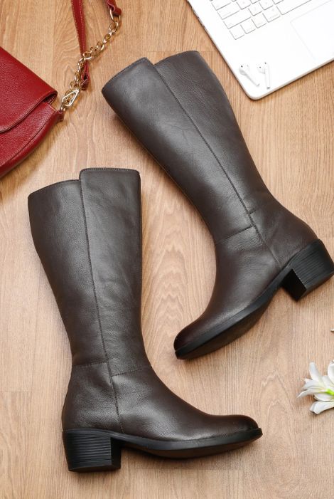 Genuine Women Brown Knee-High Heeled Boots