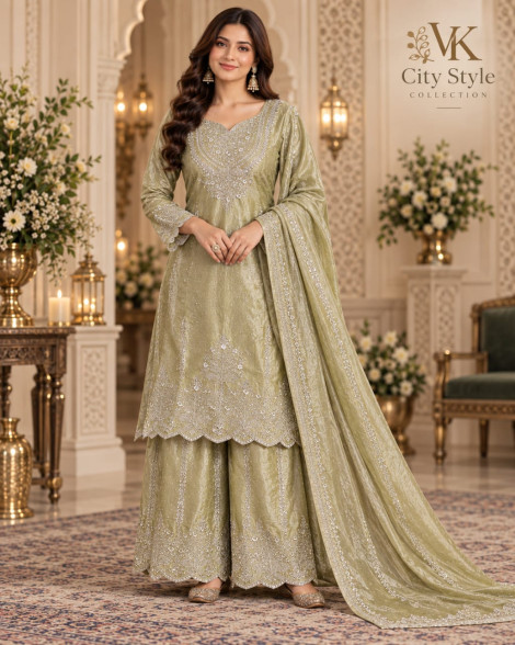 Olive Green Embroidered Fandy Silk Sharara Suit with Dupatta
