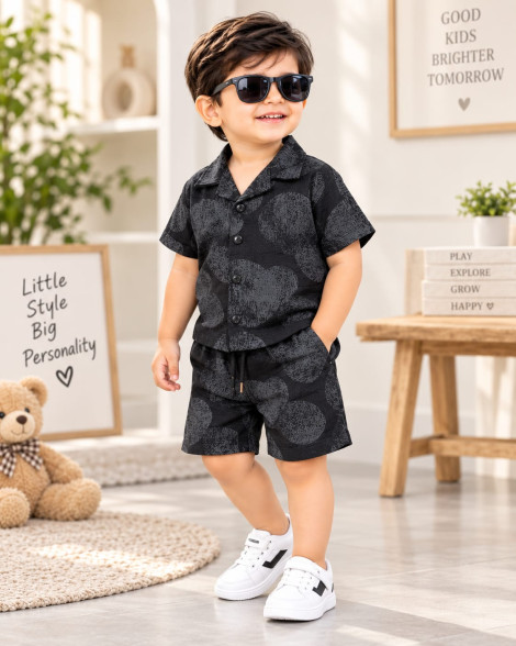 Black Printed Boys Shirt and Shorts