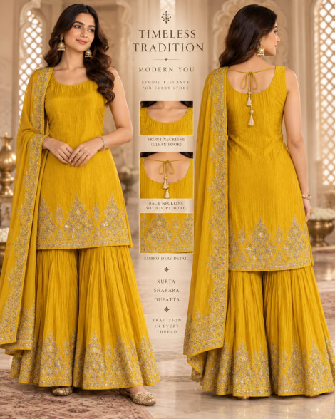 Mustard Yellow Embroidered Sharara Suit with Dupatta