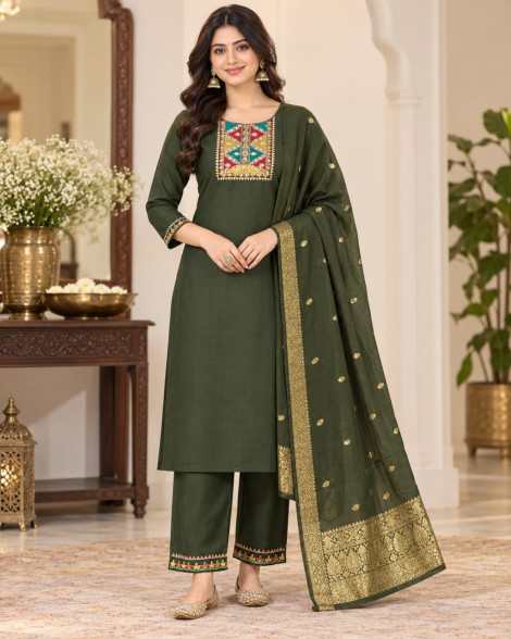 Women's Olive Green Embroidered 3-piece Kurta Pant Dupatta Set