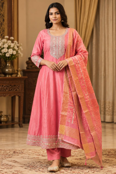 Women's Coral Pink Embroidered Anarkali Kurta pant Dupatta Set-3 piece