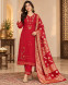 Women's Red Embroidered-3-Piece Kurta Pant Dupatta Set
