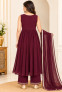 Women's Wine Maroon Embroidered Nayra Cut 3-Piece Suit Set with Palazoo & Dupatta