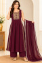Women's Wine Maroon Embroidered Nayra Cut 3-Piece Suit Set with Palazoo & Dupatta